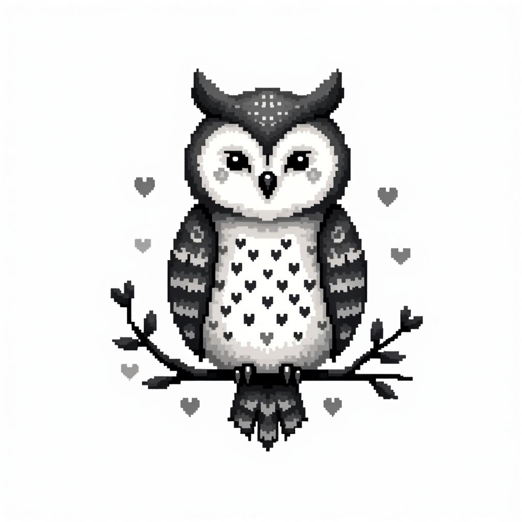 Owl small branch friendly heartsin 8-bit tattoo style, minimalistic pixel style tattoo, pixel art with simplified shapes and retro gaming visuals, inspired by 8-bit pixel based detailing - Variation 4