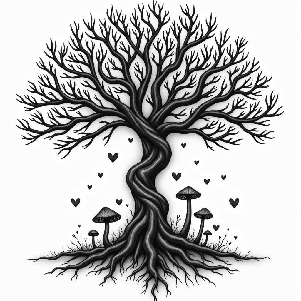 Tree of life with roots and branches and mushroomsin graffiti style tattoo, featuring bold and dynamic street art elements, spray-paint texture with exaggerated lines and expressive, chaotic brushstrokes, intricate lettering incorporated with graffiti tags, symbols like hearts, stars, and wings