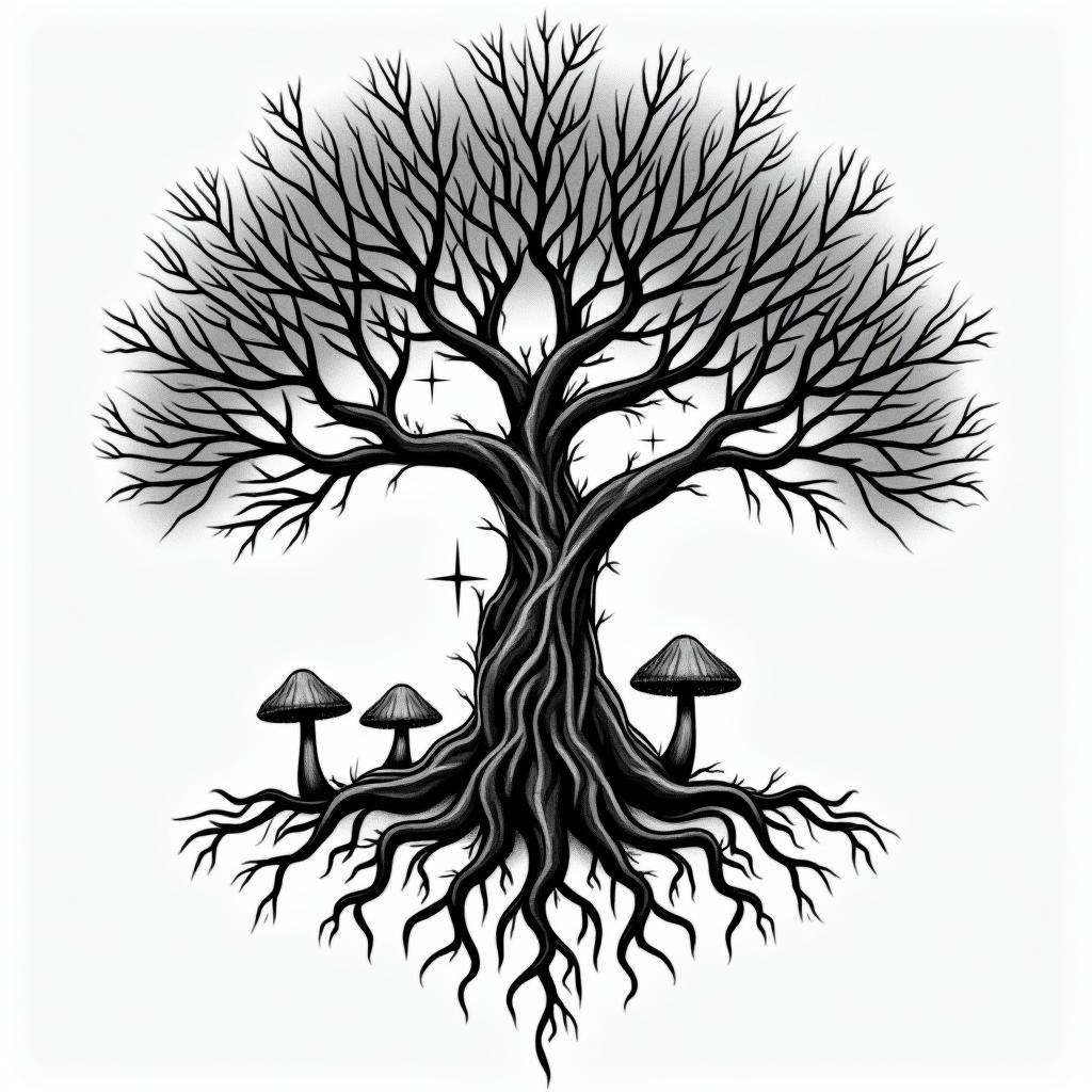 Tree of life with roots and branches and mushroomsin graffiti style tattoo, featuring bold and dynamic street art elements, spray-paint texture with exaggerated lines and expressive, chaotic brushstrokes, intricate lettering incorporated with graffiti tags, symbols like hearts, stars, and wings - Variation 2