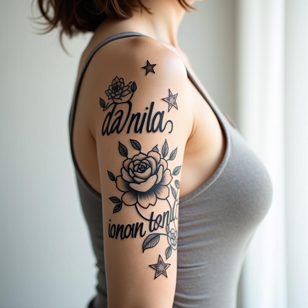 The name Daniela and a star at the endin elegant cursive calligraphy style 2d tattoo, decorate with roses, featuring a smooth and flowing handwritten script with slightly thickened strokes for a luxurious and bold appearance,  heart symbol between names,  sleek and glossy black text with shadowing, minimalist matte white background, clean and sharp edges, illuminated with soft lighting, romantic, 8k, high-quality textures with refined typography