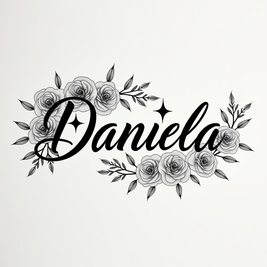 The name Daniela and a star at the endin elegant cursive calligraphy style 2d tattoo, decorate with roses, featuring a smooth and flowing handwritten script with slightly thickened strokes for a luxurious and bold appearance,  heart symbol between names,  sleek and glossy black text with shadowing, minimalist matte white background, clean and sharp edges, illuminated with soft lighting, romantic, 8k, high-quality textures with refined typography - Variation 2
