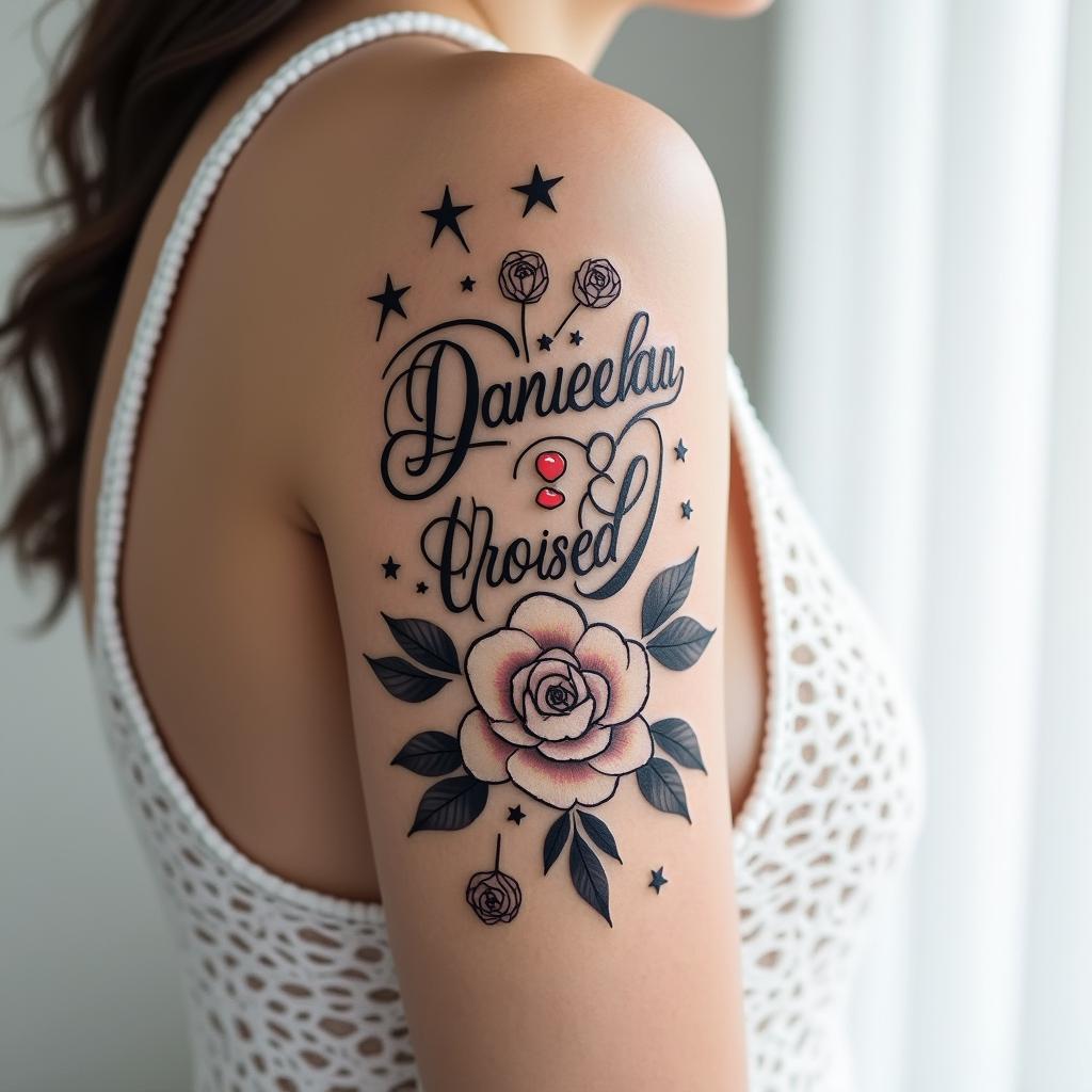 The name Daniela and a star at the endin elegant cursive calligraphy style 2d tattoo, decorate with roses, featuring a smooth and flowing handwritten script with slightly thickened strokes for a luxurious and bold appearance,  heart symbol between names,  sleek and glossy black text with shadowing, minimalist matte white background, clean and sharp edges, illuminated with soft lighting, romantic, 8k, high-quality textures with refined typography - Variation 3