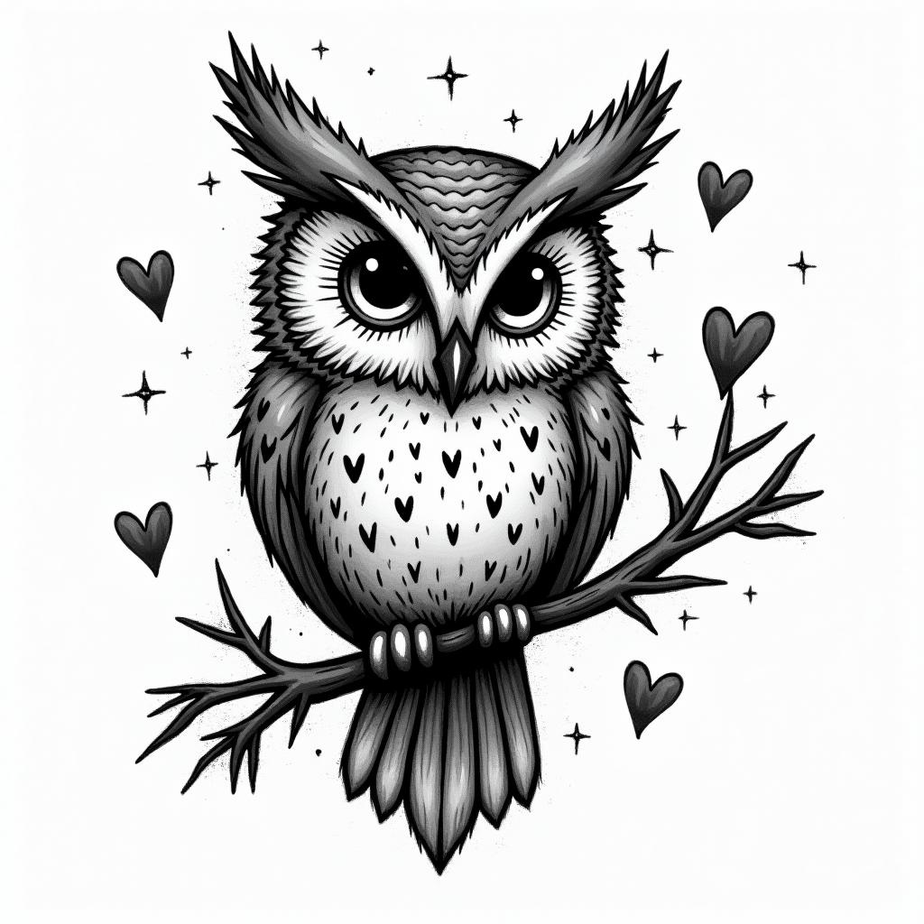 Owl small branch friendly heartsin graffiti style tattoo, featuring bold and dynamic street art elements, spray-paint texture with exaggerated lines and expressive, chaotic brushstrokes, intricate lettering incorporated with graffiti tags, symbols like hearts, stars, and wings - Variation 5