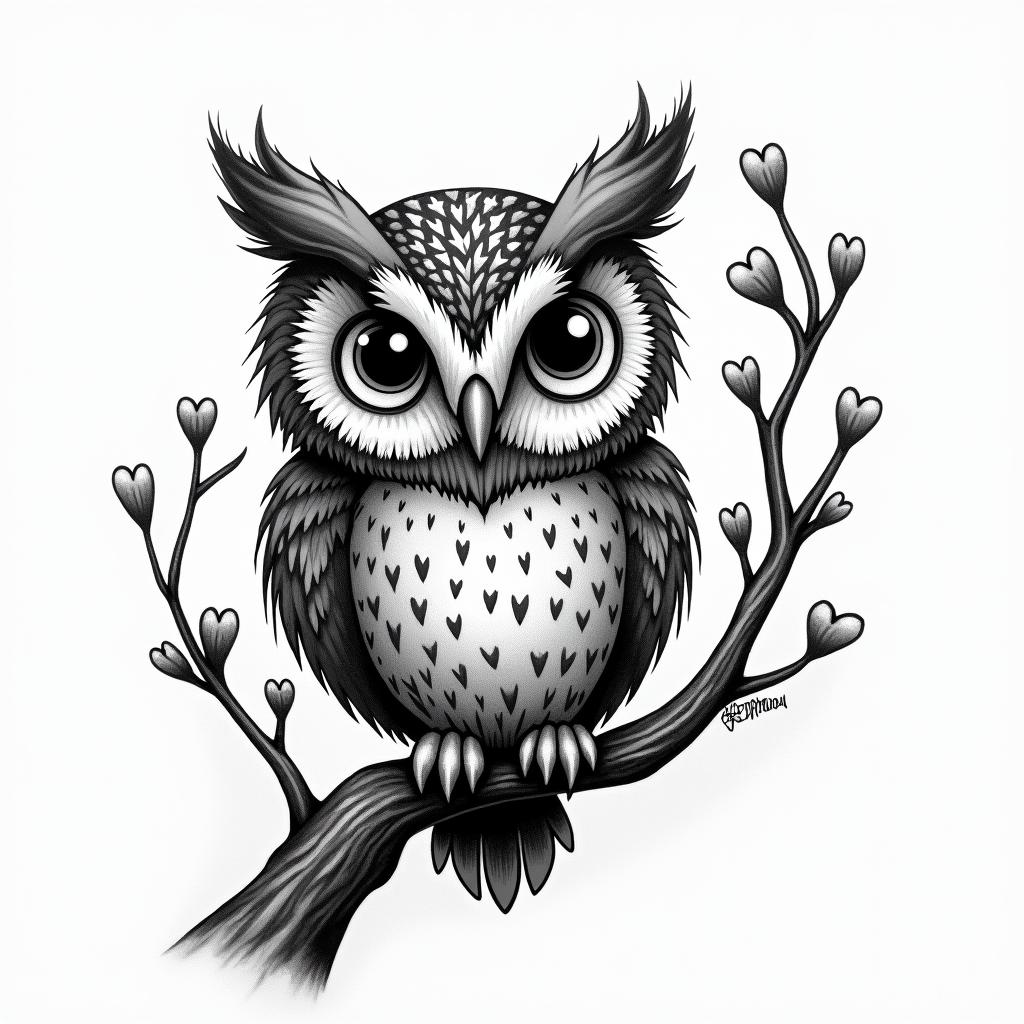 Owl small branch friendly heartsin graffiti style tattoo, featuring bold and dynamic street art elements, spray-paint texture with exaggerated lines and expressive, chaotic brushstrokes, intricate lettering incorporated with graffiti tags, symbols like hearts, stars, and wings - Variation 7