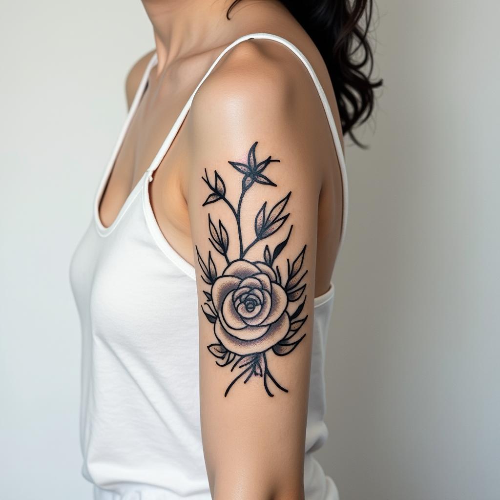 The name Daniela and a star at the end.in elegant cursive calligraphy style 2d tattoo, decorate with roses, featuring a smooth and flowing handwritten script with slightly thickened strokes for a luxurious and bold appearance,  heart symbol between names,  sleek and glossy black text with shadowing, minimalist matte white background, clean and sharp edges, illuminated with soft lighting, romantic, 8k, high-quality textures with refined typography