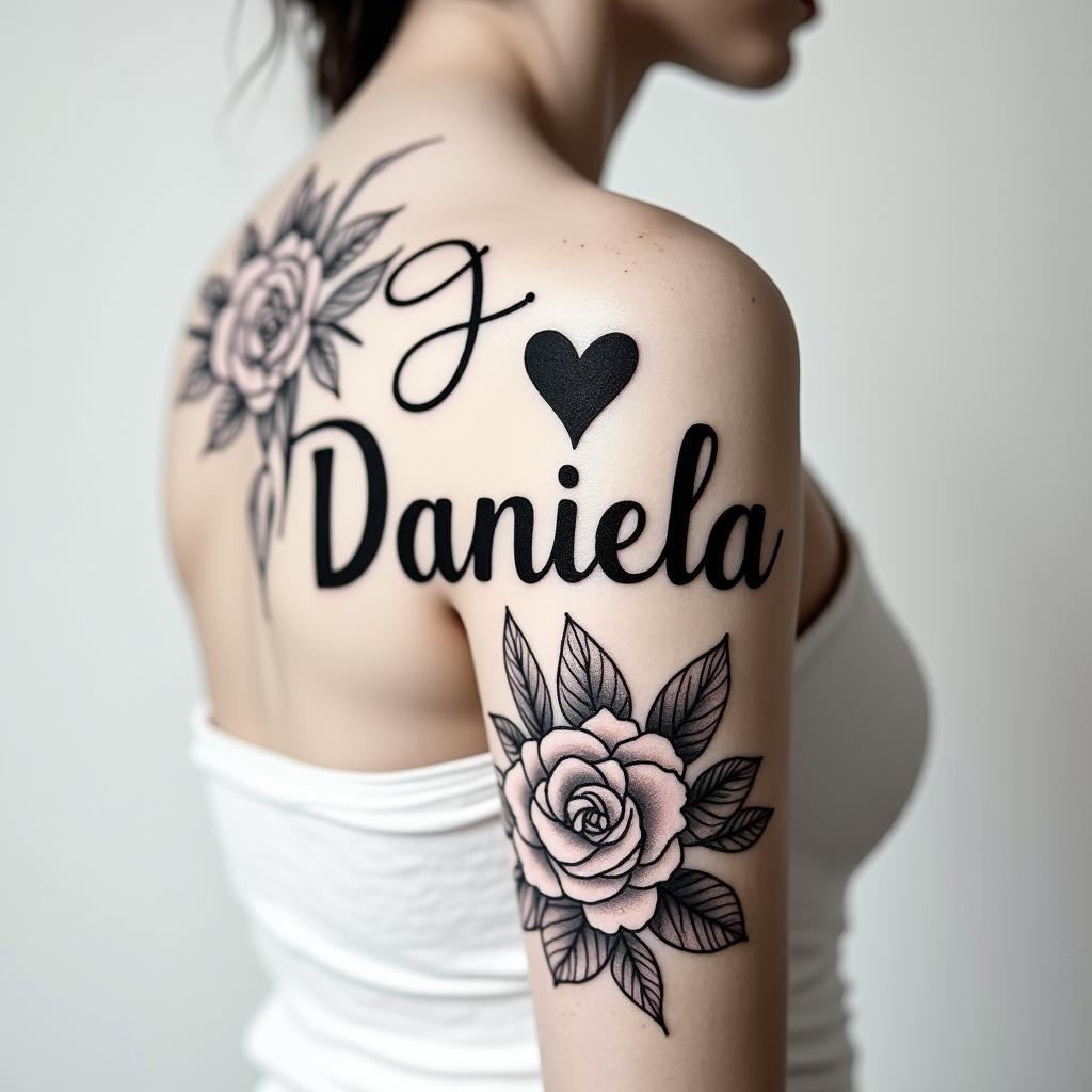 The name Daniela and a star at the end.in elegant cursive calligraphy style 2d tattoo, decorate with roses, featuring a smooth and flowing handwritten script with slightly thickened strokes for a luxurious and bold appearance,  heart symbol between names,  sleek and glossy black text with shadowing, minimalist matte white background, clean and sharp edges, illuminated with soft lighting, romantic, 8k, high-quality textures with refined typography - Variation 2
