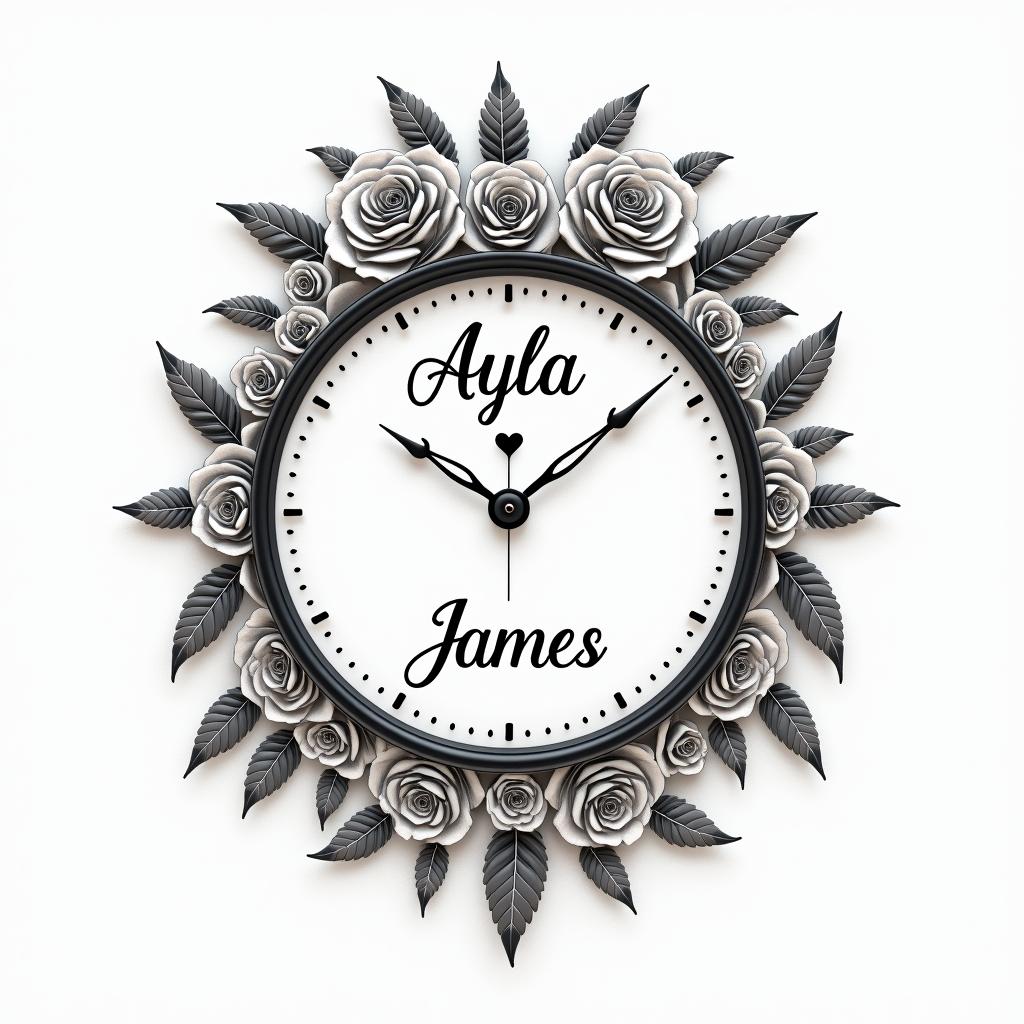 Ayla James, clock, 2/23/2024, rosesin elegant cursive calligraphy style 2d tattoo, decorate with roses, featuring a smooth and flowing handwritten script with slightly thickened strokes for a luxurious and bold appearance,  heart symbol between names,  sleek and glossy black text with shadowing, minimalist matte white background, clean and sharp edges, illuminated with soft lighting, romantic, 8k, high-quality textures with refined typography - Variation 2