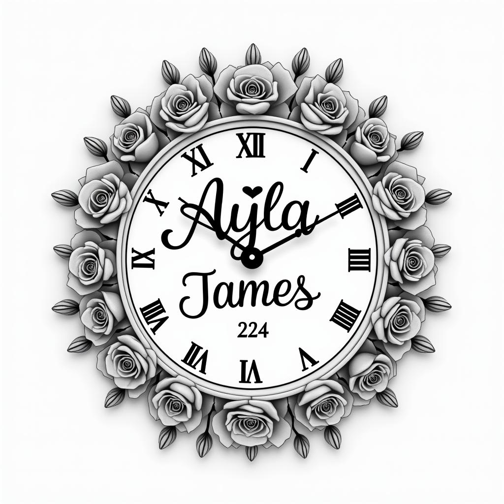 Ayla James, clock, 2/23/2024, rosesin elegant cursive calligraphy style 2d tattoo, decorate with roses, featuring a smooth and flowing handwritten script with slightly thickened strokes for a luxurious and bold appearance,  heart symbol between names,  sleek and glossy black text with shadowing, minimalist matte white background, clean and sharp edges, illuminated with soft lighting, romantic, 8k, high-quality textures with refined typography