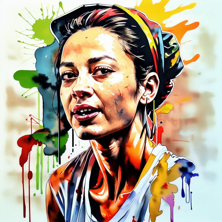  vibrant watercolor portrait with graffiti style face, fully white background, ,face with soft blending of warm and cool tones (orange, yellow, green),using shades of colors, contrast between light and shadow on the face, Bold color splashes and abstract drips in the background for a dynamic, artistic vibe, highly detailed tattoo, fully white background , dskinkpunkundefined - Variation 28