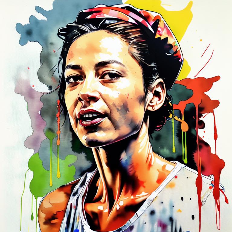  vibrant watercolor portrait with graffiti style face, fully white background, ,face with soft blending of warm and cool tones (orange, yellow, green),using shades of colors, contrast between light and shadow on the face, Bold color splashes and abstract drips in the background for a dynamic, artistic vibe, highly detailed tattoo, fully white background , dskinkpunkundefined - Variation 26