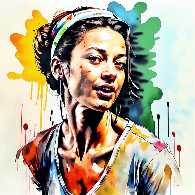  vibrant watercolor portrait with graffiti style face, fully white background, ,face with soft blending of warm and cool tones (orange, yellow, green),using shades of colors, contrast between light and shadow on the face, Bold color splashes and abstract drips in the background for a dynamic, artistic vibe, highly detailed tattoo, fully white background , dskinkpunkundefined - Variation 27