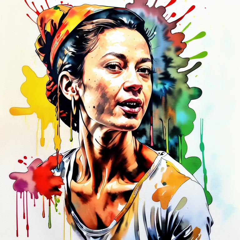  vibrant watercolor portrait with graffiti style face, fully white background, ,face with soft blending of warm and cool tones (orange, yellow, green),using shades of colors, contrast between light and shadow on the face, Bold color splashes and abstract drips in the background for a dynamic, artistic vibe, highly detailed tattoo, fully white background , dskinkpunkundefined - Variation 25