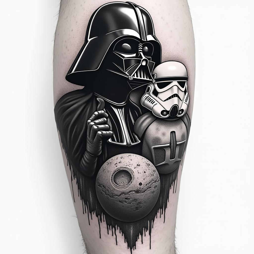 A dark and ominous Star Wars themed arm sleeve featuring the figures of Darth Vader and Darth Maul, a stormtrooper, and the Death Star, rendered in black, white, and grey tones, emphasizing depth and drama without any text or symbols, focusing on the characters and their iconic essence.higly detailed tattoo - Variation 4