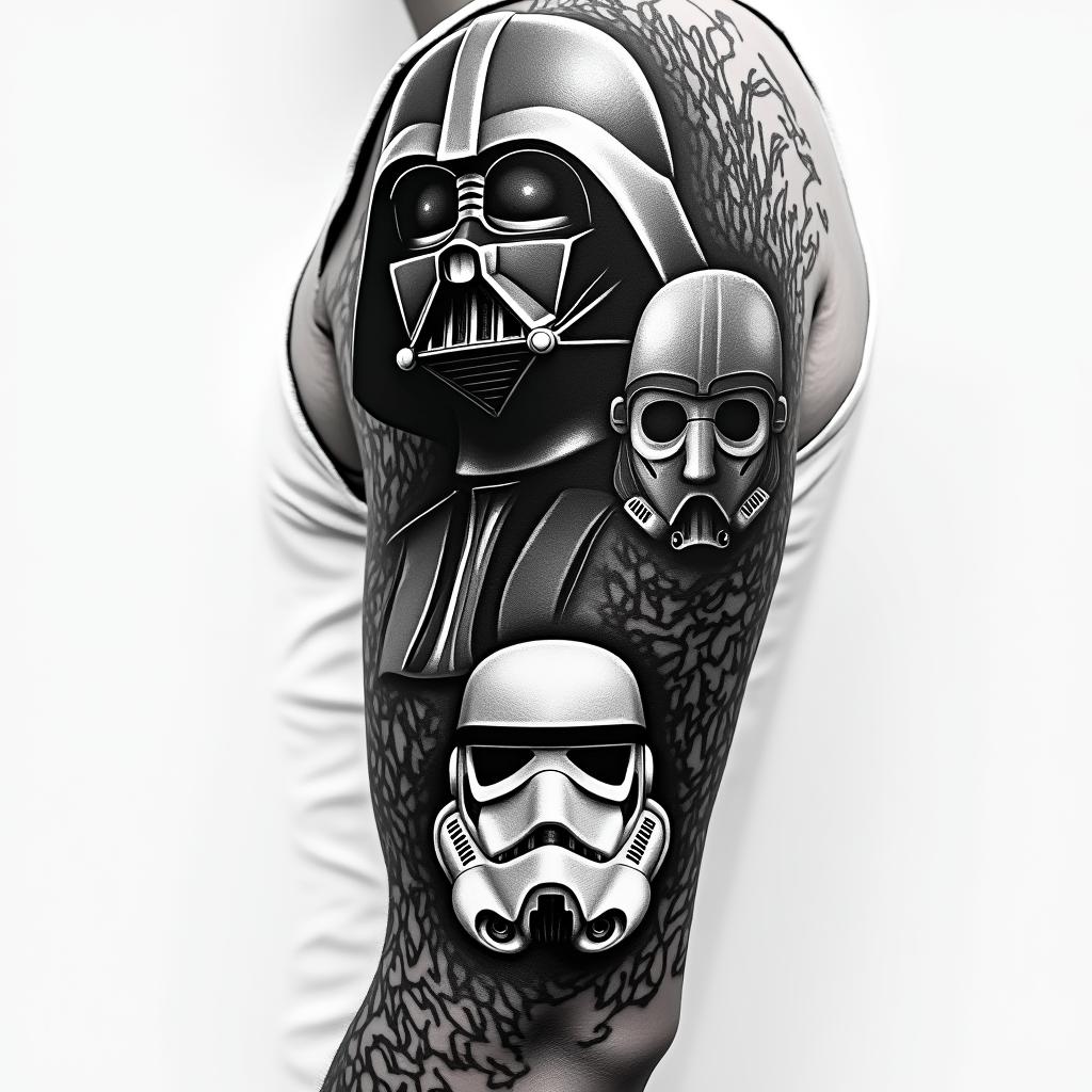 A dark and ominous Star Wars themed arm sleeve featuring the figures of Darth Vader and Darth Maul, a stormtrooper, and the Death Star, rendered in black, white, and grey tones, emphasizing depth and drama without any text or symbols, focusing on the characters and their iconic essence.higly detailed tattoo - Variation 3