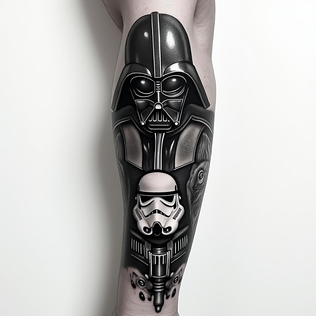 A dark and ominous Star Wars themed arm sleeve featuring the figures of Darth Vader and Darth Maul, a stormtrooper, and the Death Star, rendered in black, white, and grey tones, emphasizing depth and drama without any text or symbols, focusing on the characters and their iconic essence.higly detailed tattoo
