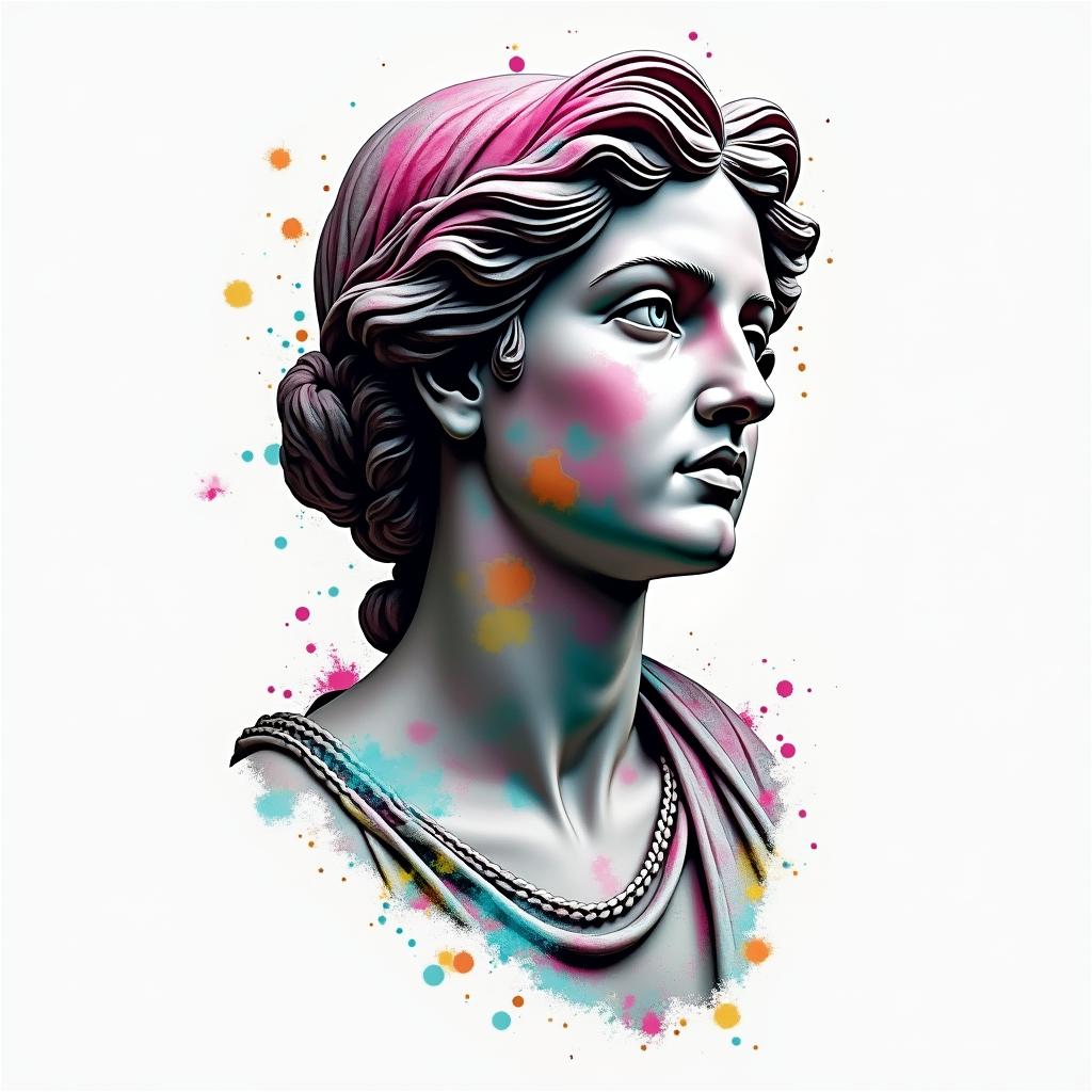 Love is dangerous but so am Iin distorted and fragmented tattoo design, featuring a classical statue bust, in a glitch art style with vibrant, overlapping colors of cyan, magenta, and yellow, creating a digital distortion effect - Variation 3