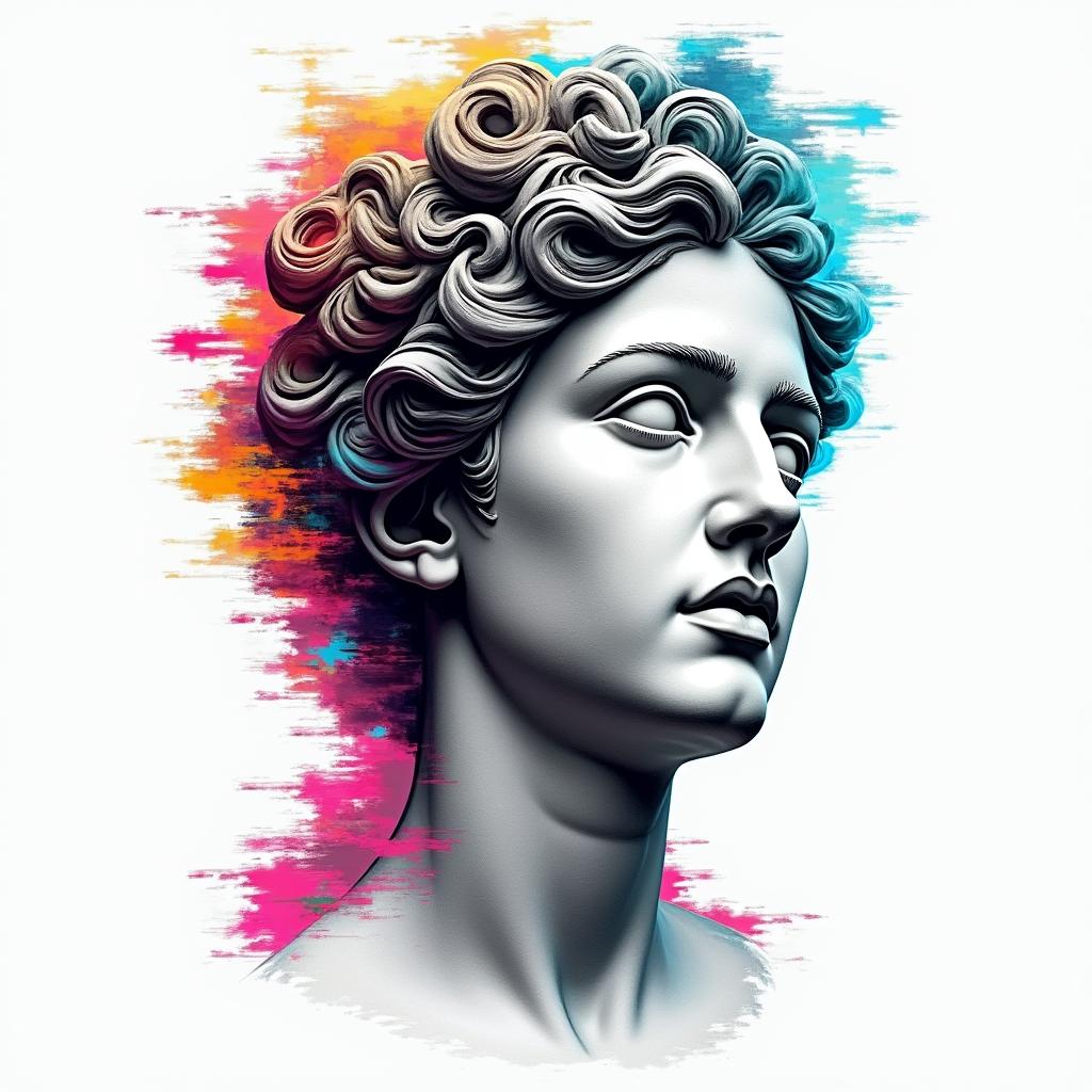 Love is dangerous but so am Iin distorted and fragmented tattoo design, featuring a classical statue bust, in a glitch art style with vibrant, overlapping colors of cyan, magenta, and yellow, creating a digital distortion effect - Variation 2