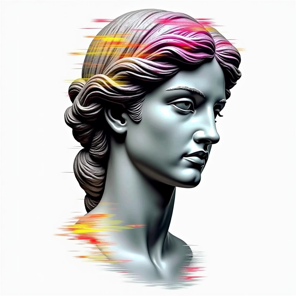 Love is dangerous but so am Iin distorted and fragmented tattoo design, featuring a classical statue bust, in a glitch art style with vibrant, overlapping colors of cyan, magenta, and yellow, creating a digital distortion effect