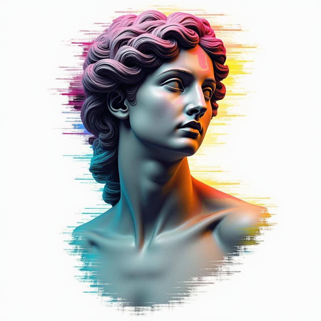 Love is dangerous but so am Iin distorted and fragmented tattoo design, featuring a classical statue bust, in a glitch art style with vibrant, overlapping colors of cyan, magenta, and yellow, creating a digital distortion effect - Variation 4