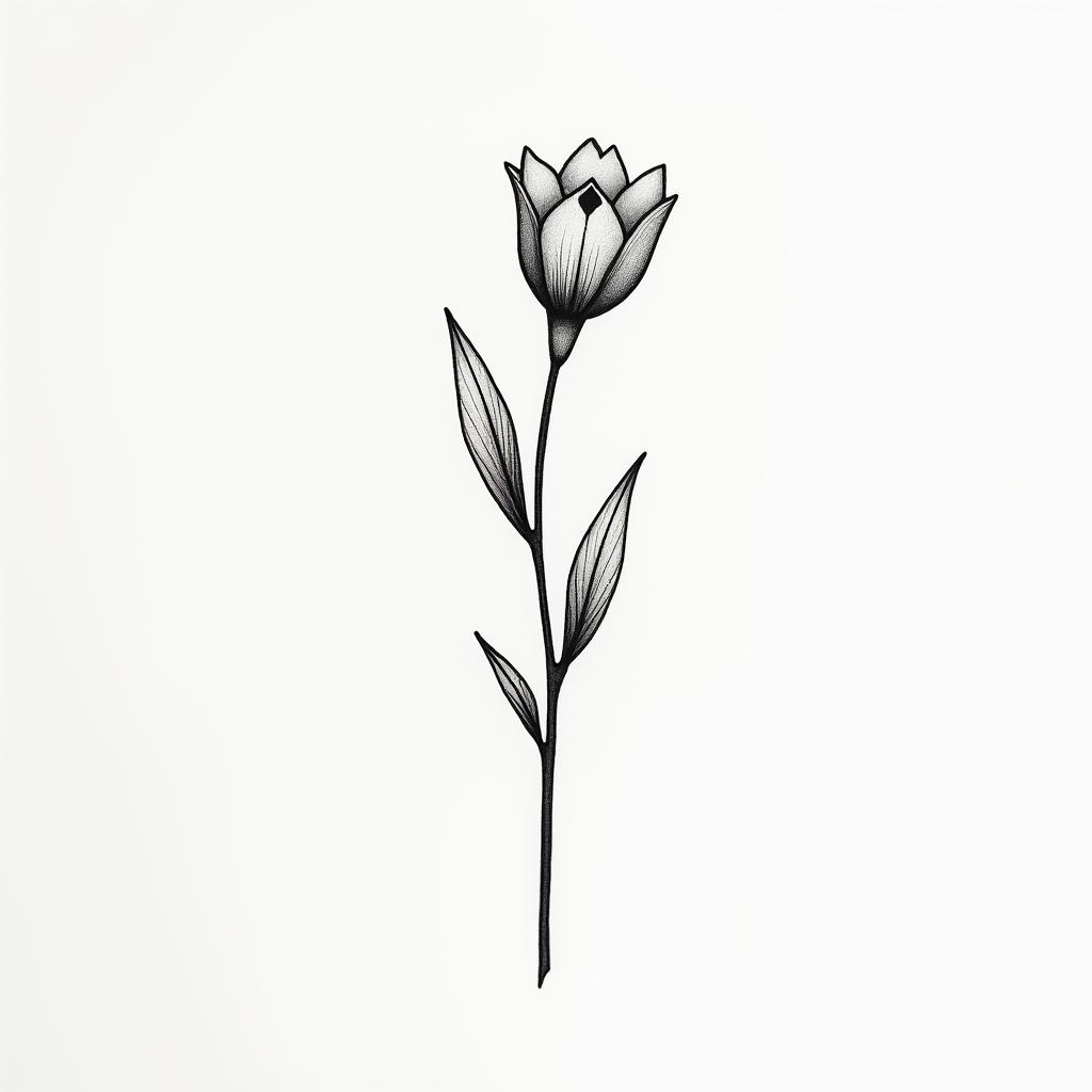 Tiny fine tattoo of rise that says she blooms in stem for wristin minimalist style tattoo, featuring simple shapes and fine lines, with minimal shading and details, tiny triangles, creating a sense of balance and harmony