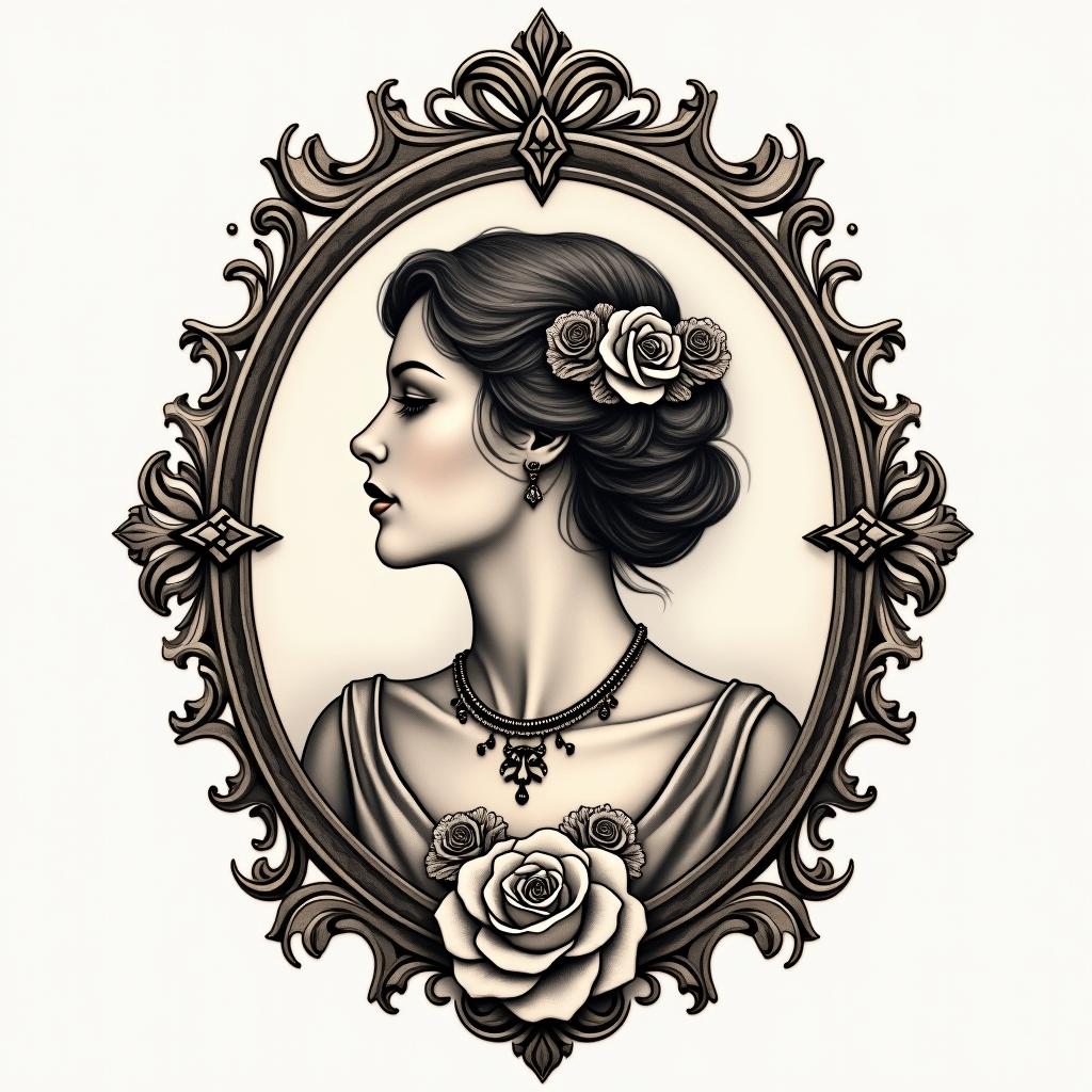 Librain victorian style tattoo, featuring vintage and elegant elements, ornate frames, roses, antique, sepia-toned color scheme - Variation 7