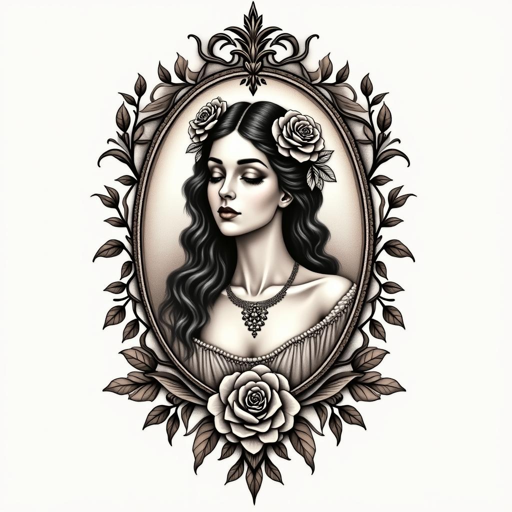 Librain victorian style tattoo, featuring vintage and elegant elements, ornate frames, roses, antique, sepia-toned color scheme - Variation 5