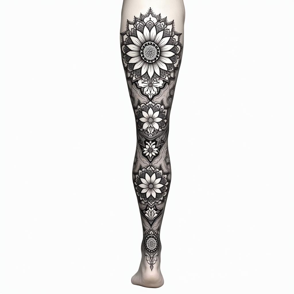 A tranquil leg sleeve tattoo combining a variety of flowers, intricate henna patterns, and a beautiful mandala design. The composition flows smoothly, embodying serenity with soft colors, harmonious shapes, and elegant details that symbolize peace and calmness.higly detailed tattoo