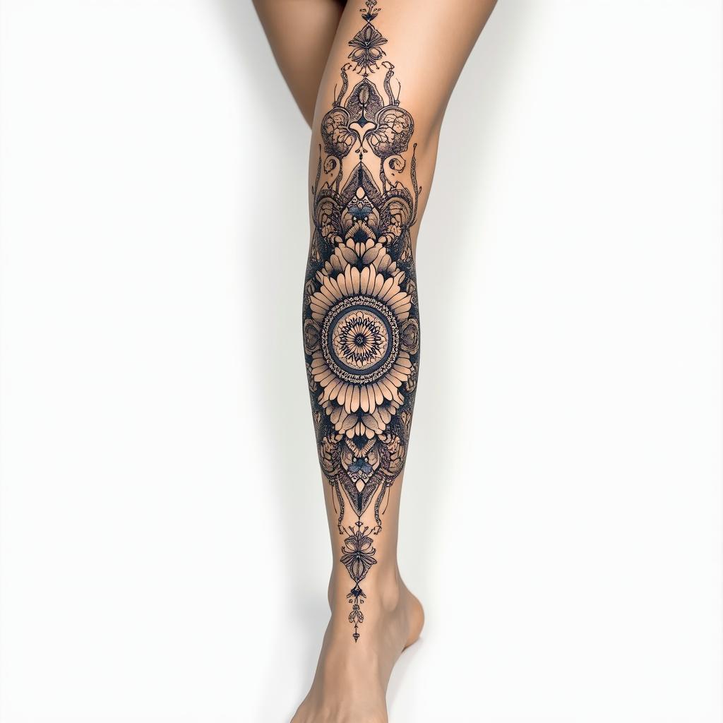 A tranquil leg sleeve tattoo combining a variety of flowers, intricate henna patterns, and a beautiful mandala design. The composition flows smoothly, embodying serenity with soft colors, harmonious shapes, and elegant details that symbolize peace and calmness.higly detailed tattoo - Variation 3