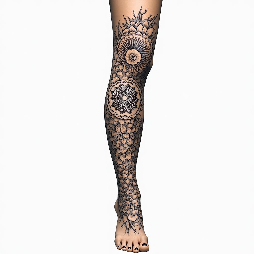 A tranquil leg sleeve tattoo combining a variety of flowers, intricate henna patterns, and a beautiful mandala design. The composition flows smoothly, embodying serenity with soft colors, harmonious shapes, and elegant details that symbolize peace and calmness.higly detailed tattoo - Variation 4
