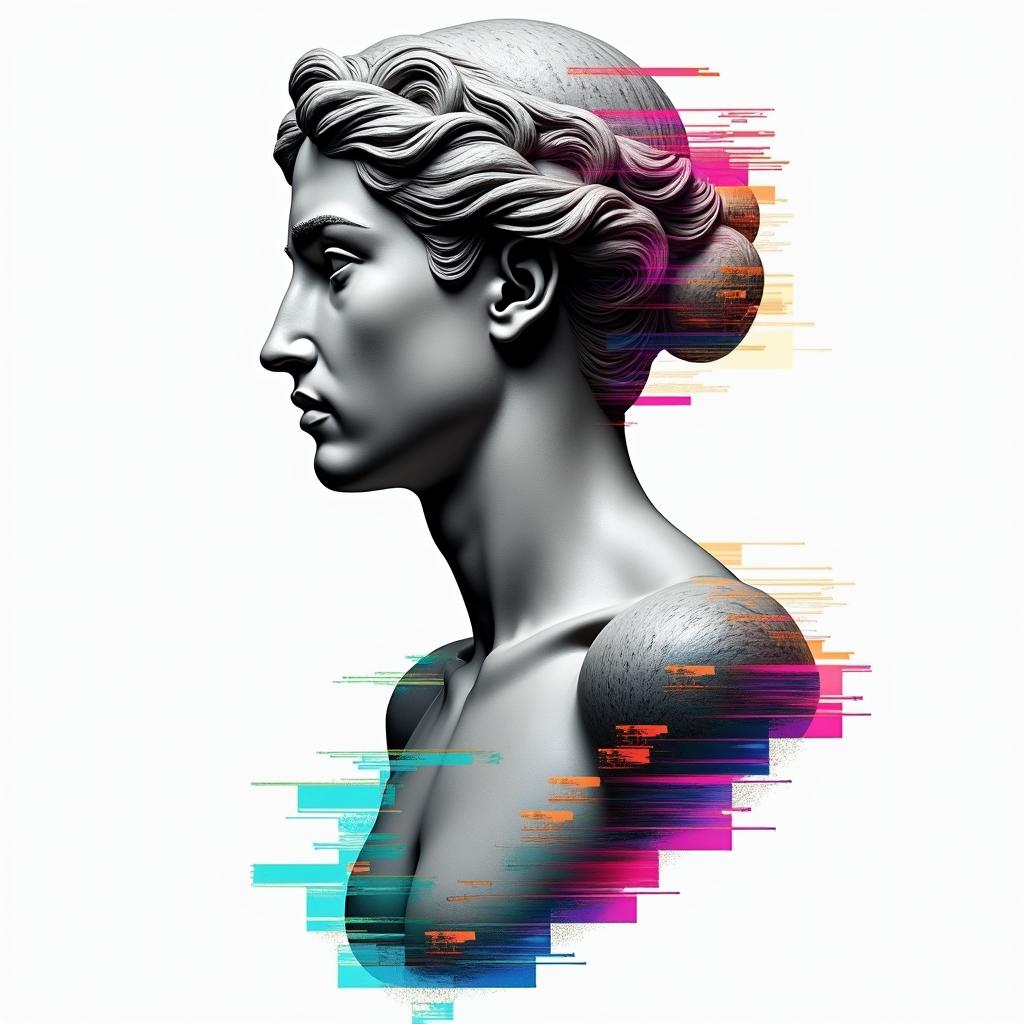Anthony, Libra, volleyball, 1995in distorted and fragmented tattoo design, featuring a classical statue bust, in a glitch art style with vibrant, overlapping colors of cyan, magenta, and yellow, creating a digital distortion effect - Variation 1