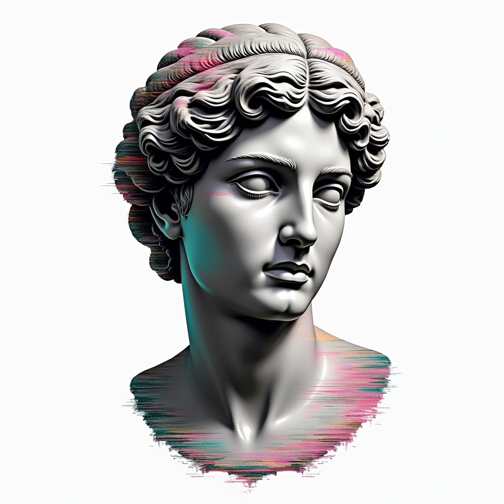 Anthony, Libra, volleyball, 1995in distorted and fragmented tattoo design, featuring a classical statue bust, in a glitch art style with vibrant, overlapping colors of cyan, magenta, and yellow, creating a digital distortion effect - Variation 3