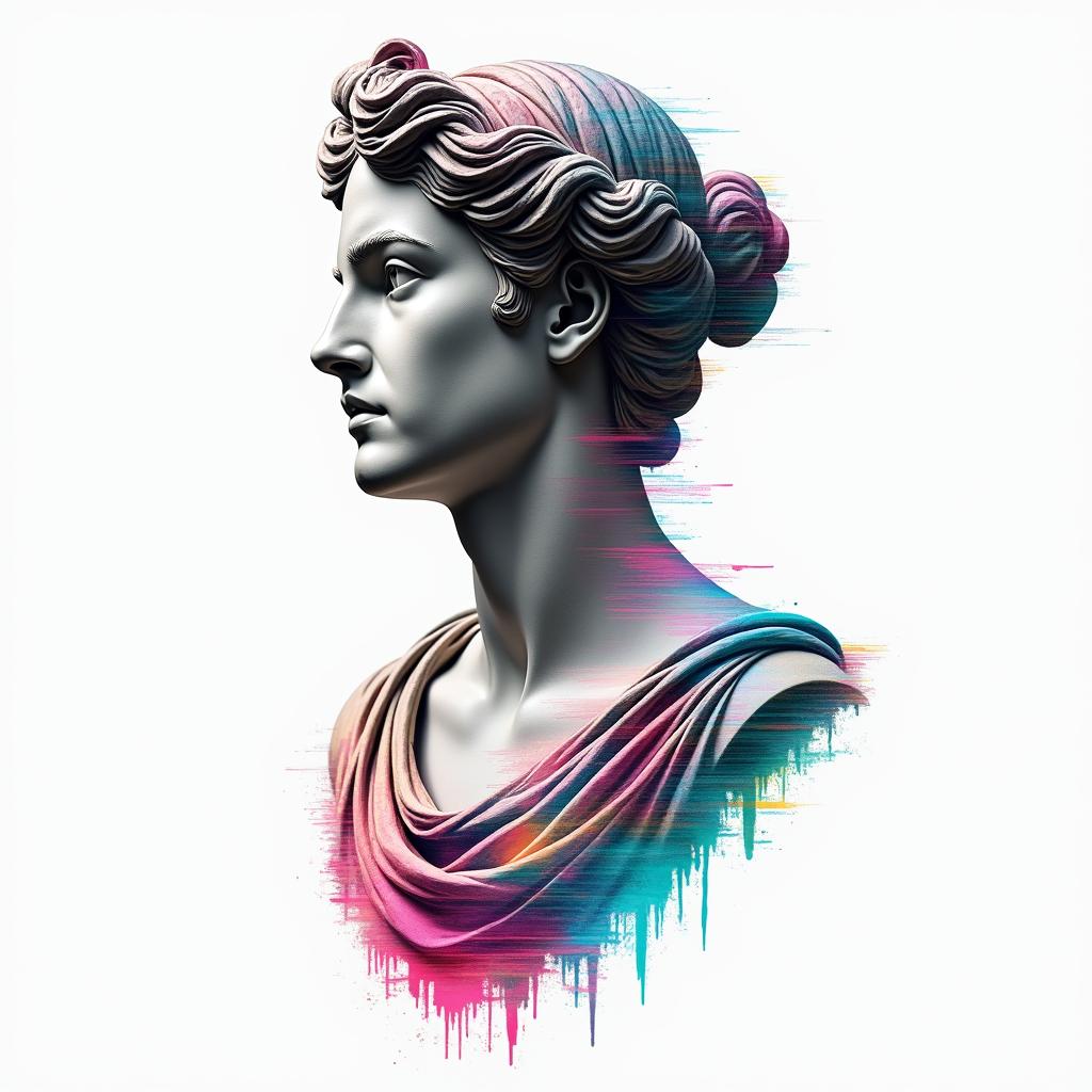Anthony, Libra, volleyball, 1995in distorted and fragmented tattoo design, featuring a classical statue bust, in a glitch art style with vibrant, overlapping colors of cyan, magenta, and yellow, creating a digital distortion effect - Variation 2