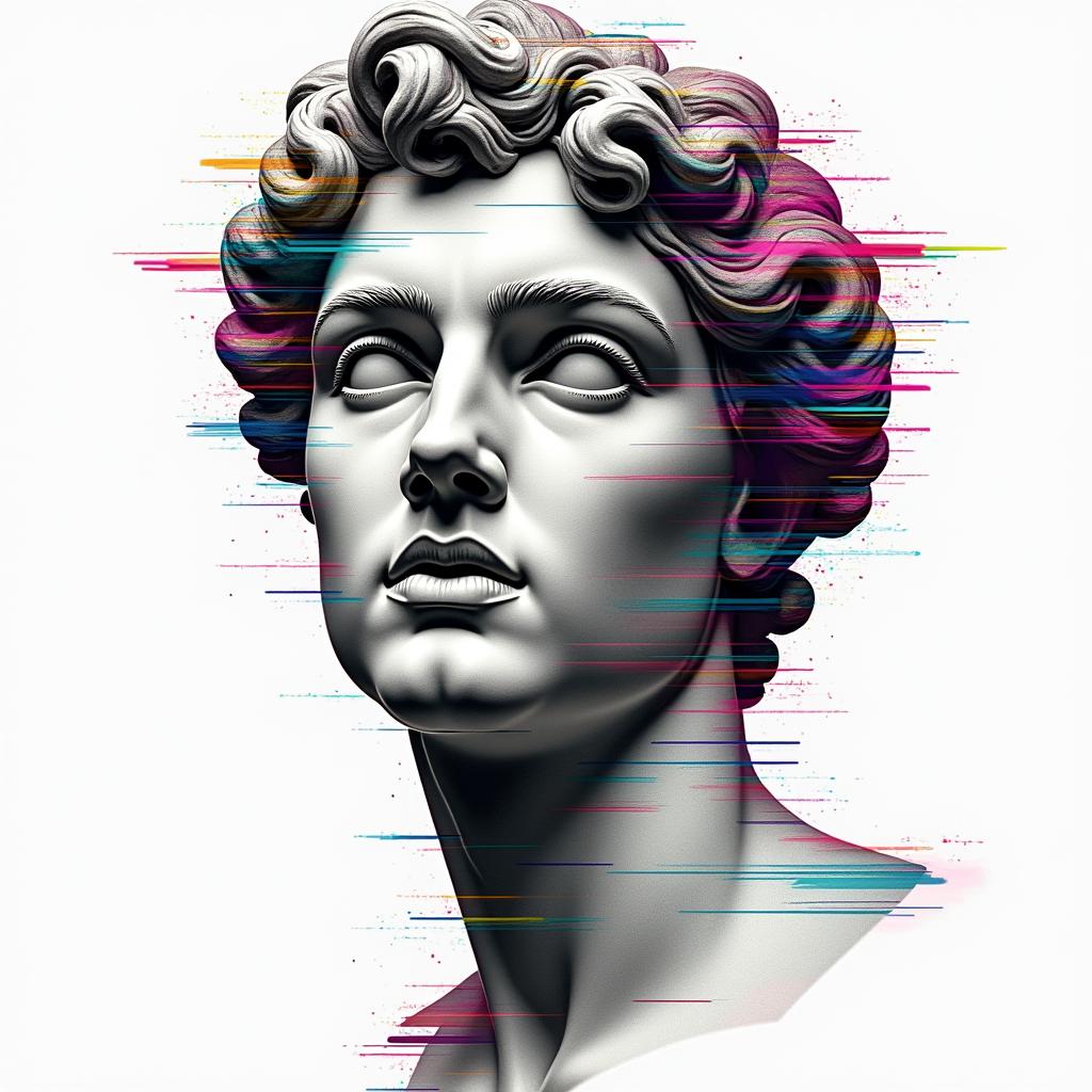 Anthony, Libra, volleyball, 1995in distorted and fragmented tattoo design, featuring a classical statue bust, in a glitch art style with vibrant, overlapping colors of cyan, magenta, and yellow, creating a digital distortion effect - Variation 4