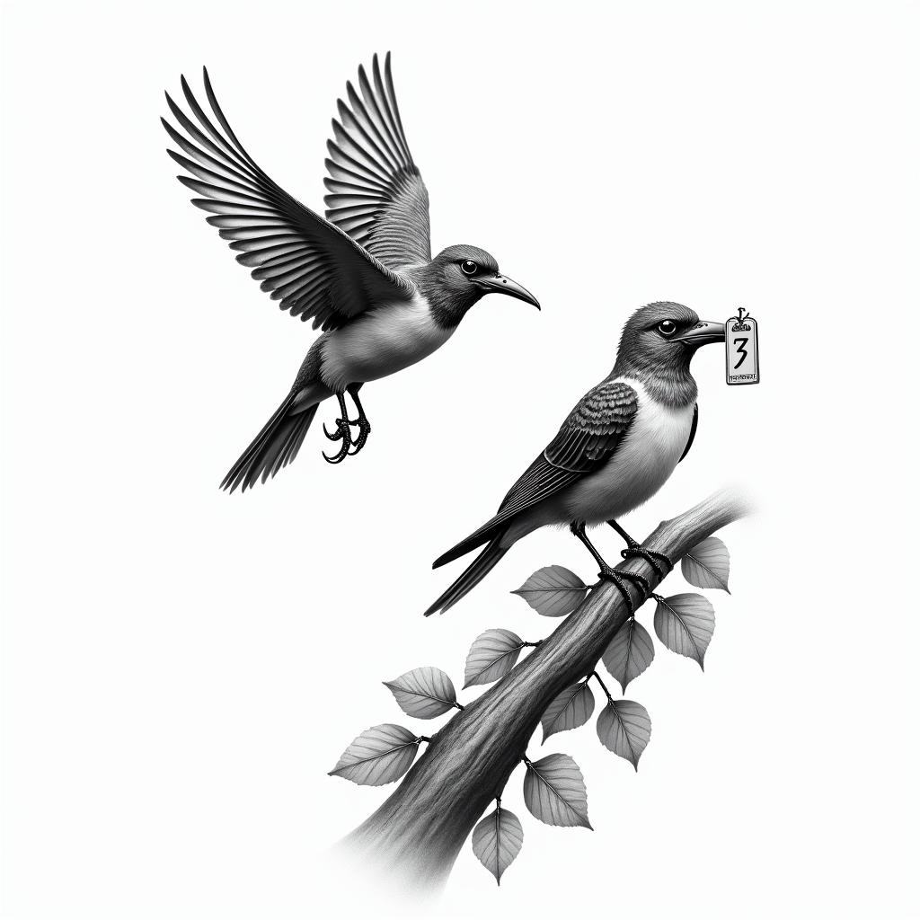 Bird flying and another resting on a trunk with many leaves and holding a letter in its beak.in realism tattoo style, featuring a highly detailed, lifelike, capturing every detail, photorealistic, ultra realistic, intricate shading, smooth and sharp, - Variation 4
