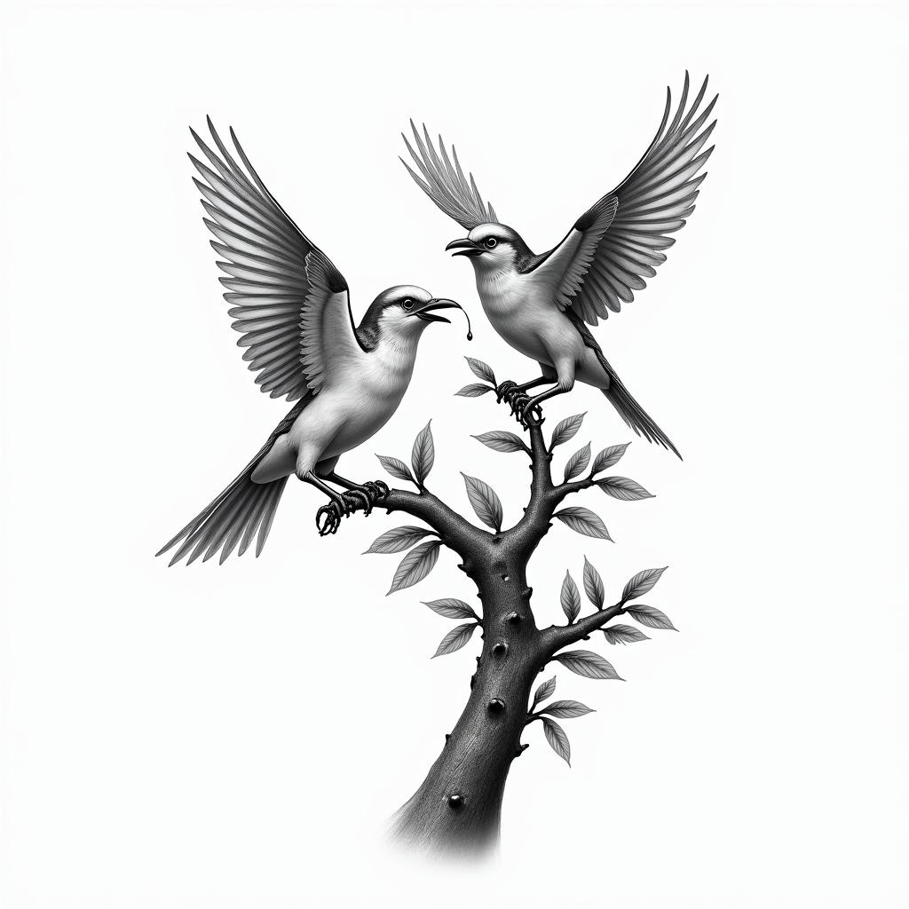 Bird flying and another resting on a trunk with many leaves and holding a letter in its beak.in realism tattoo style, featuring a highly detailed, lifelike, capturing every detail, photorealistic, ultra realistic, intricate shading, smooth and sharp, - Variation 3