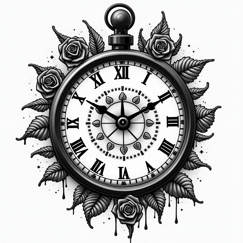 Ayla James, clock, 2/23/2024, rosesin graffiti style tattoo, featuring bold and dynamic street art elements, spray-paint texture with exaggerated lines and expressive, chaotic brushstrokes, intricate lettering incorporated with graffiti tags, symbols like hearts, stars, and wings - Variation 2