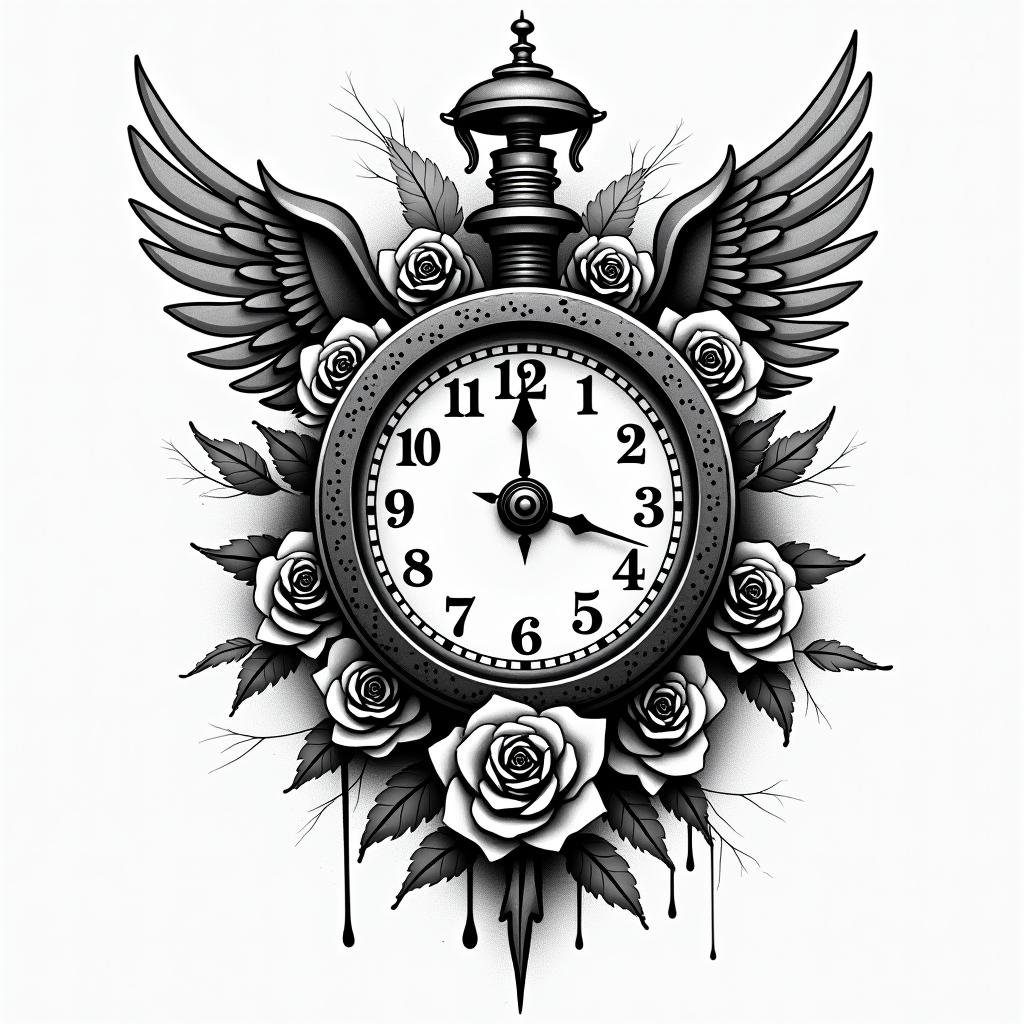 Ayla James, clock, 2/23/2024, rosesin graffiti style tattoo, featuring bold and dynamic street art elements, spray-paint texture with exaggerated lines and expressive, chaotic brushstrokes, intricate lettering incorporated with graffiti tags, symbols like hearts, stars, and wings