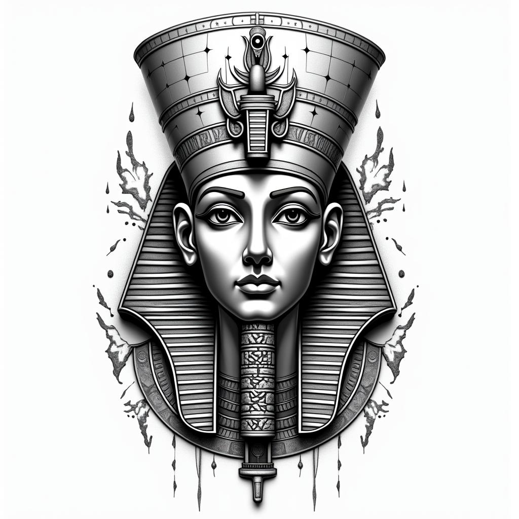 Rain egyptian style tattoo, bold elements of ancient egyptian culture including a portrait of an Egyptian pharaoh with detailed facial features, in hieroglyphs and symbolic imagery, eye of horus, ankh symbol, scarab beetle - Variation 3