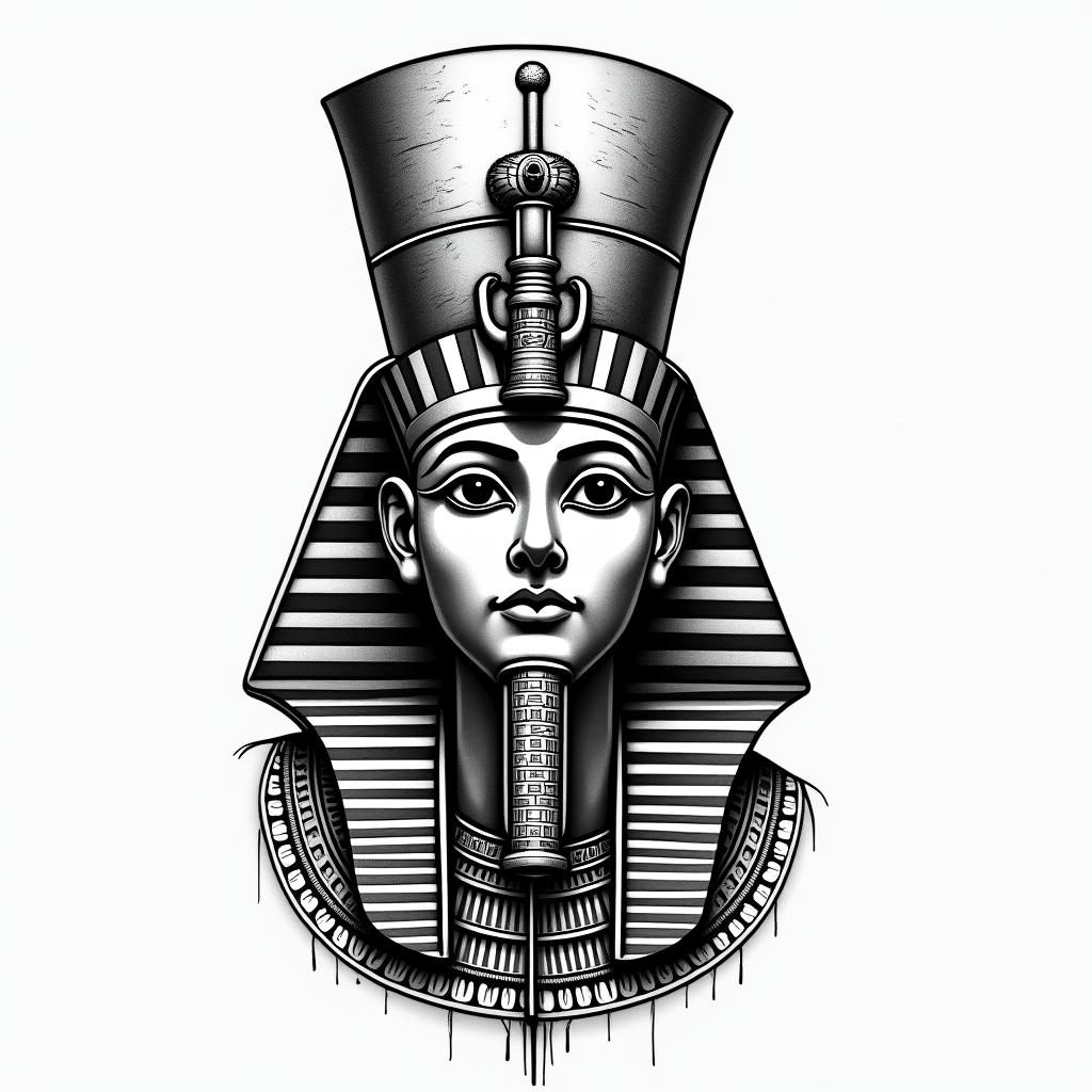 Rain egyptian style tattoo, bold elements of ancient egyptian culture including a portrait of an Egyptian pharaoh with detailed facial features, in hieroglyphs and symbolic imagery, eye of horus, ankh symbol, scarab beetle
