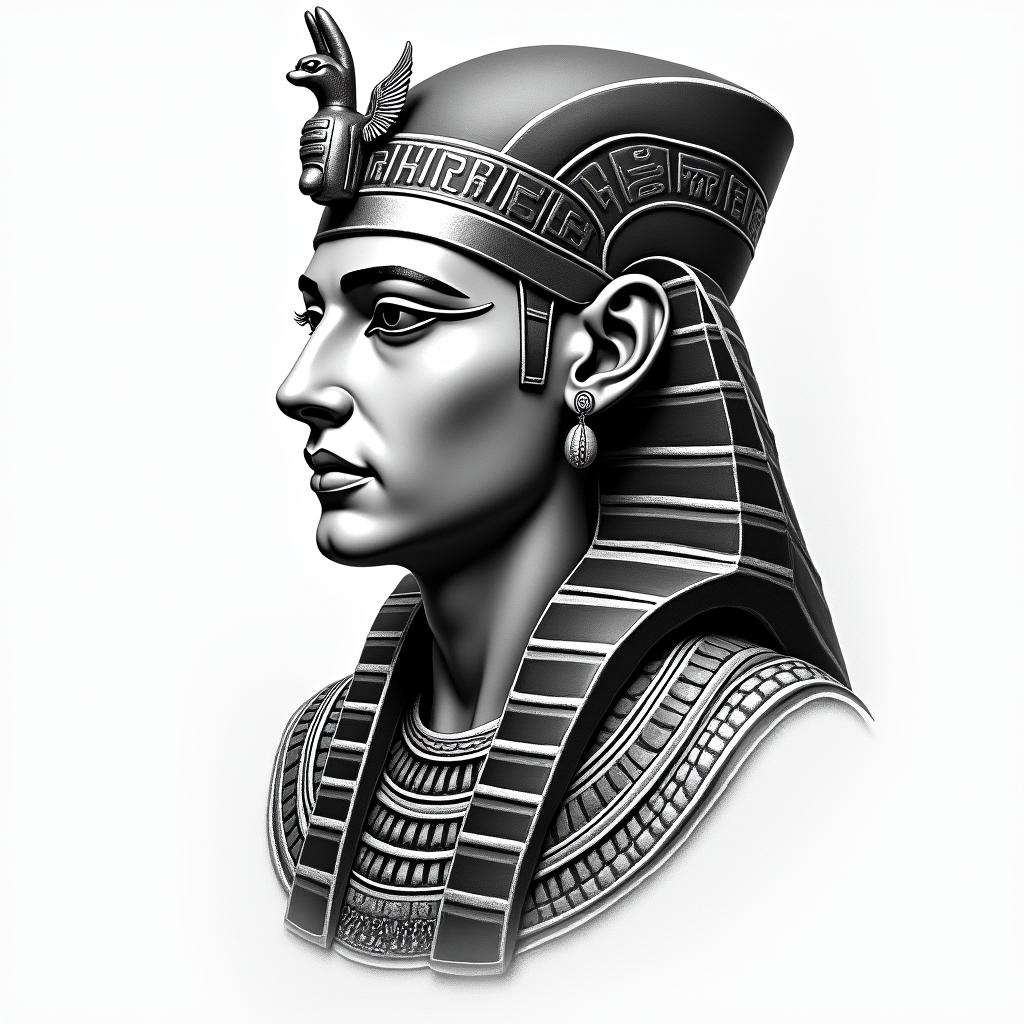 Rain egyptian style tattoo, bold elements of ancient egyptian culture including a portrait of an Egyptian pharaoh with detailed facial features, in hieroglyphs and symbolic imagery, eye of horus, ankh symbol, scarab beetle - Variation 2