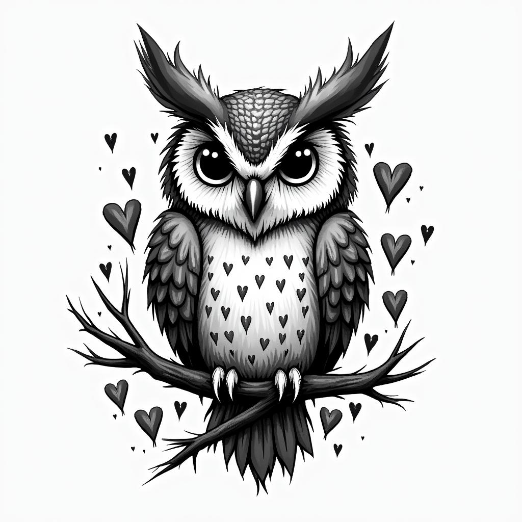 Owl small branch friendly heartsin graffiti style tattoo, featuring bold and dynamic street art elements, spray-paint texture with exaggerated lines and expressive, chaotic brushstrokes, intricate lettering incorporated with graffiti tags, symbols like hearts, stars, and wings