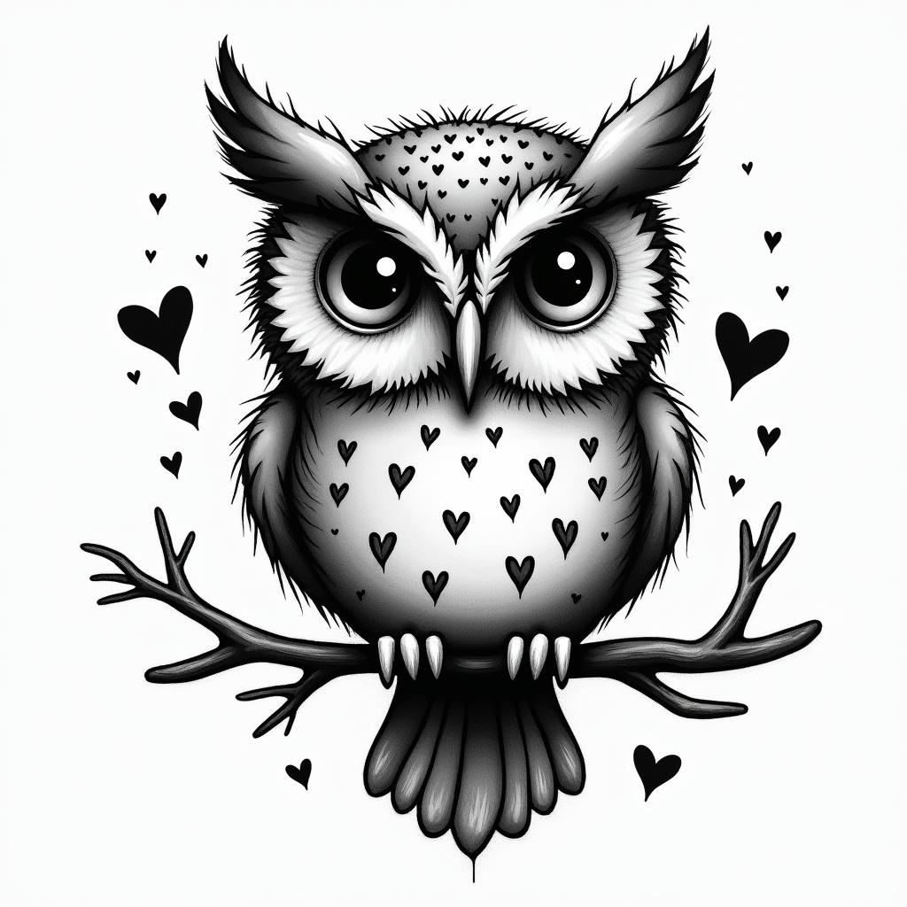 Owl small branch friendly heartsin graffiti style tattoo, featuring bold and dynamic street art elements, spray-paint texture with exaggerated lines and expressive, chaotic brushstrokes, intricate lettering incorporated with graffiti tags, symbols like hearts, stars, and wings - Variation 2