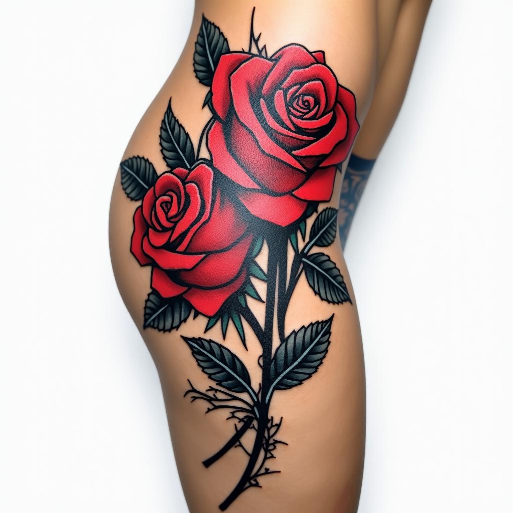 Thigh tattoo rose and thorn in the shape of G but in secretin pop art style tattoo, featuring bold and vibrant colors, exaggerated outlines, iconic imagery, inspired by comic books and speech bubbles, comic book characters, retro pop culture - Variation 3
