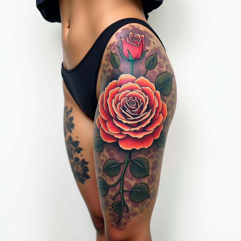 Thigh tattoo rose and thorn in the shape of G but in secretin pop art style tattoo, featuring bold and vibrant colors, exaggerated outlines, iconic imagery, inspired by comic books and speech bubbles, comic book characters, retro pop culture - Variation 1