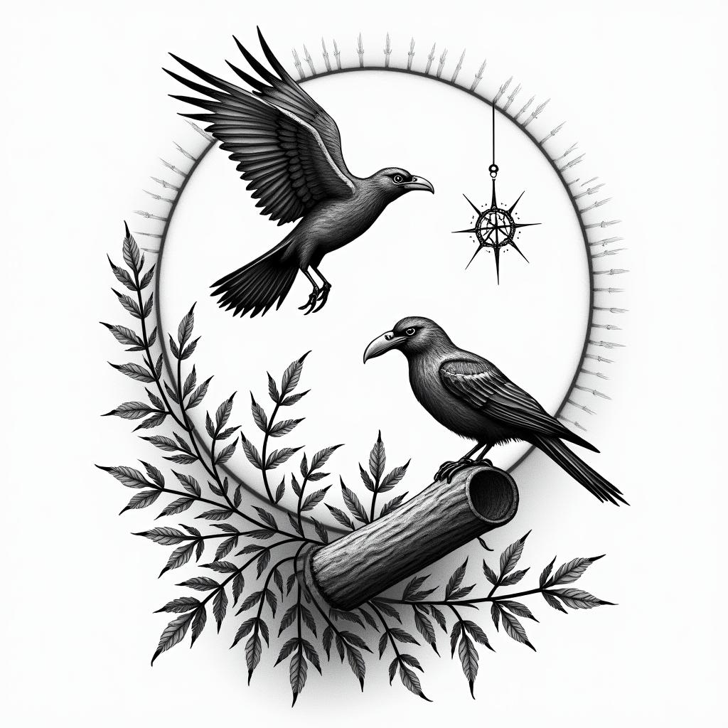 A bird flying and another resting on a log with many leaves, holding a letter in its beak.in paganic style tattoo, featuring ancient symbols, add vegvisir symbol, mystical figures, incorporating designs, pentagrams, runes, crescent moons,