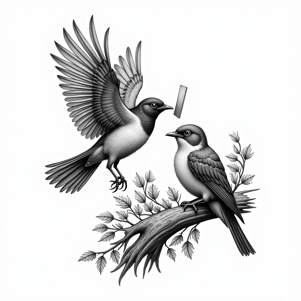 A bird flying and another resting on a log with many leaves, holding a letter in its beak.in paganic style tattoo, featuring ancient symbols, add vegvisir symbol, mystical figures, incorporating designs, pentagrams, runes, crescent moons, - Variation 2