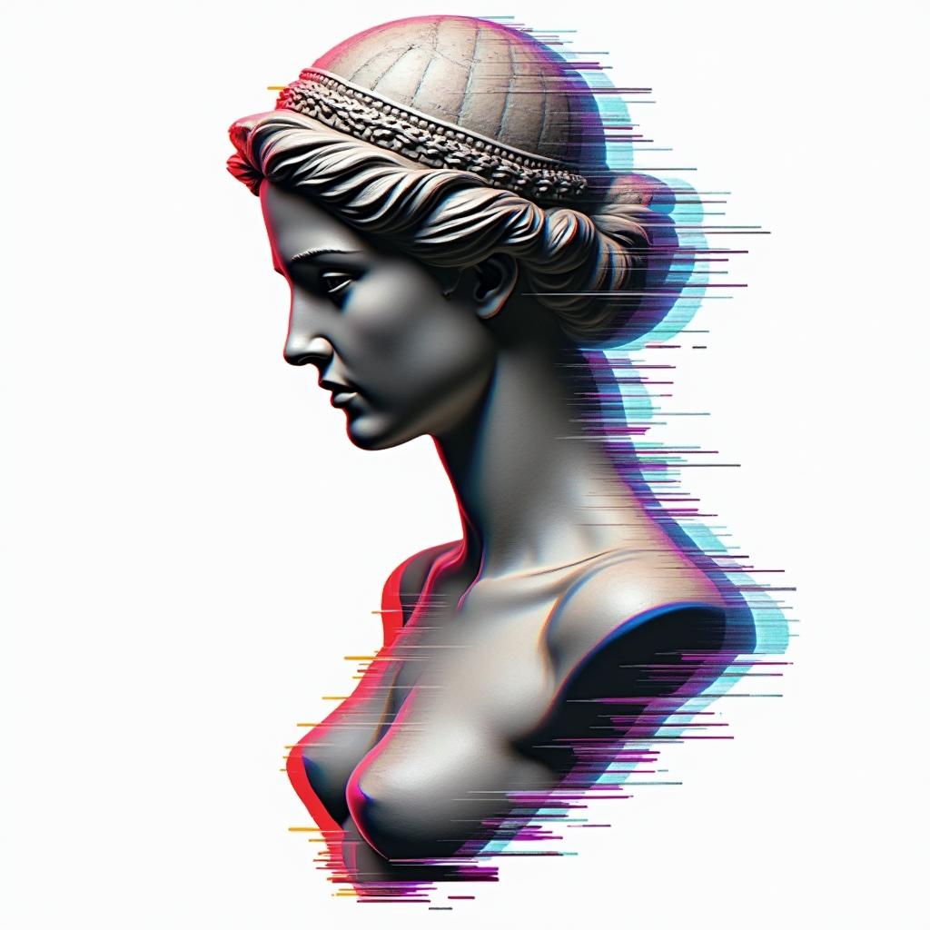 Libra volleyballin distorted and fragmented tattoo design, featuring a classical statue bust, in a glitch art style with vibrant, overlapping colors of cyan, magenta, and yellow, creating a digital distortion effect - Variation 4
