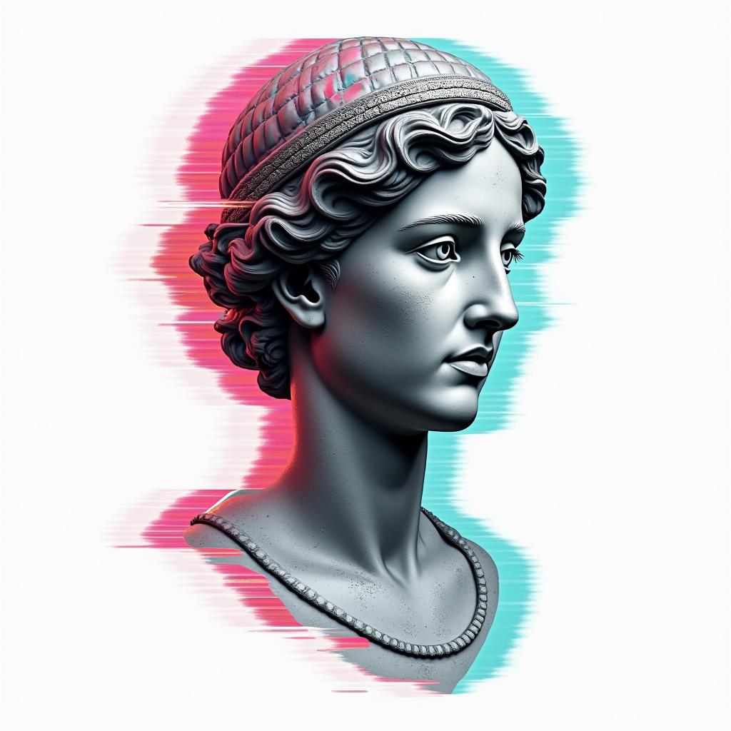 Libra volleyballin distorted and fragmented tattoo design, featuring a classical statue bust, in a glitch art style with vibrant, overlapping colors of cyan, magenta, and yellow, creating a digital distortion effect