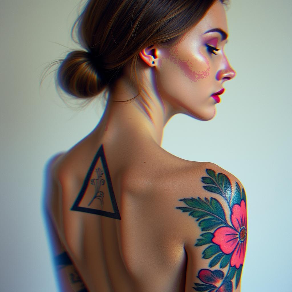 Simple triangle with a line throughin distorted and fragmented tattoo design, featuring a classical statue bust, in a glitch art style with vibrant, overlapping colors of cyan, magenta, and yellow, creating a digital distortion effect - Variation 7