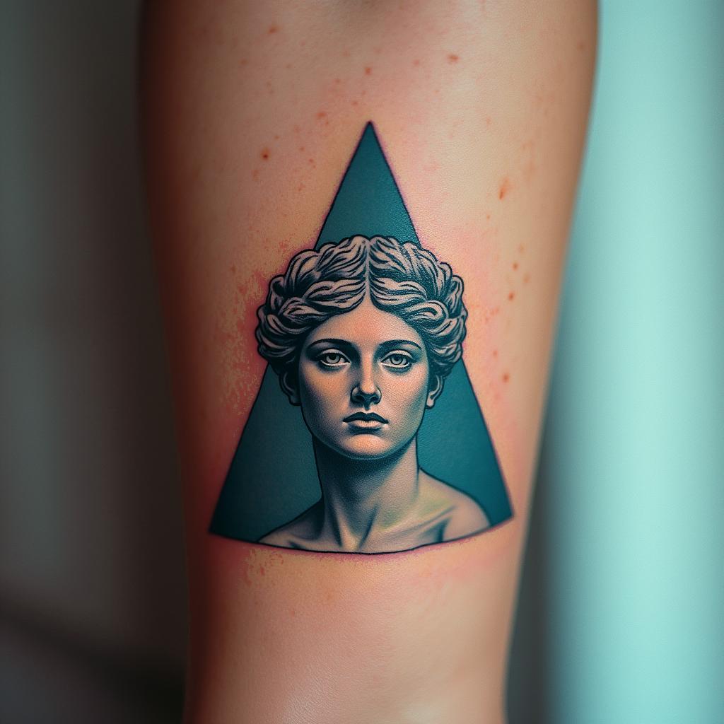 Simple triangle with a line throughin distorted and fragmented tattoo design, featuring a classical statue bust, in a glitch art style with vibrant, overlapping colors of cyan, magenta, and yellow, creating a digital distortion effect - Variation 6